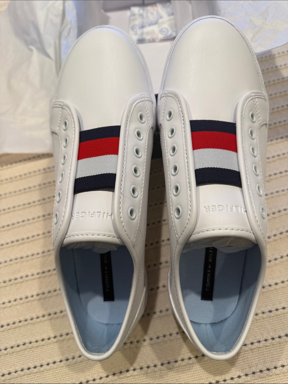 Tommy Hilfiger White Slip-On Sneakers with Red & Navy Stripe